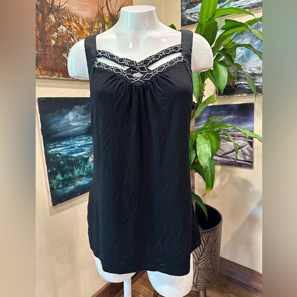 Black Sleeveless Top with Patterned Straps